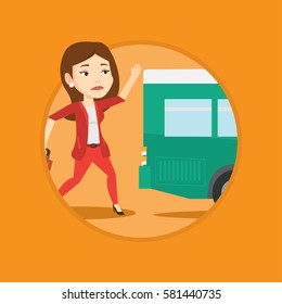 Businesswoman running to catch bus. Upset businesswoman running for an outgoing bus. Sad latecomer woman running to reach a bus. Vector flat design illustration in the circle isolated on background.