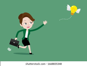Businesswoman running to catch the flying idea light bulb, Cartoon vector illustration