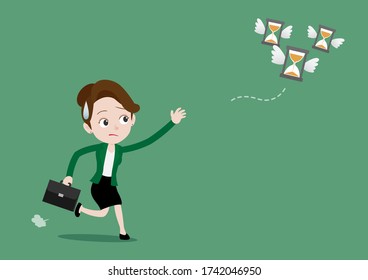 Businesswoman was running to catch the flying time hourglass, Cartoon vector illustration