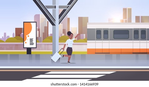 Businesswoman running to catch train. African American woman with luggage at railway station. Female cartoon character using city public transport with cityscape background.  Full length horizontal.