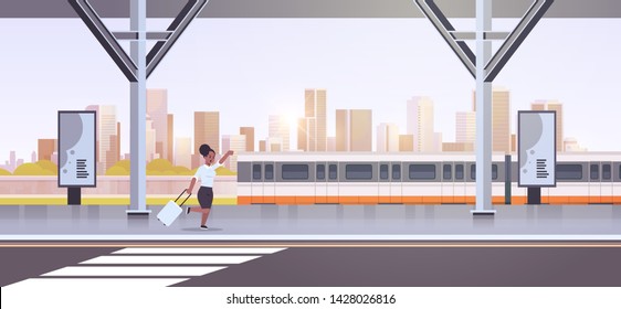 businesswoman running to catch train african american woman with luggage on railway station city public transport female cartoon character cityscape background full length horizontal banner