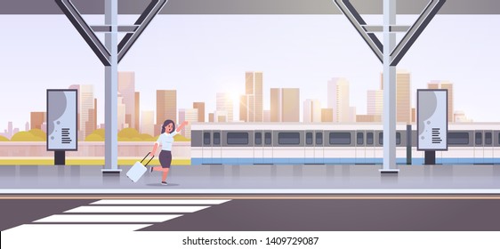 businesswoman running to catch train business woman with luggage on railway station city public transport female cartoon character cityscape background full length horizontal