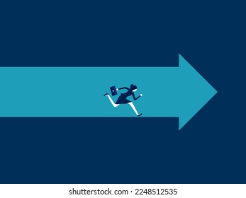 Businesswoman running in a cave with arrows leading the way. business solution