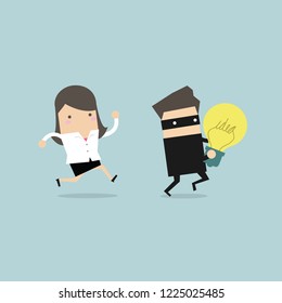 Businesswoman running and chasing thief with a stolen idea in hands.