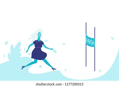 Businesswoman running cross finish line leadership concept business woman target motivation success horizontal flat vector illustration