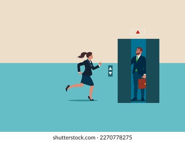 Businesswoman running to elevator and elevator is closing. Modern vector illustration in flat style