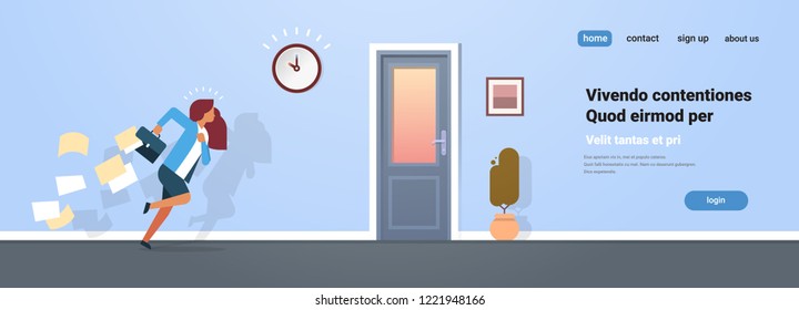 businesswoman running with falling papers from briefcase to exit door deadline concept flat horizontal banner copy space vector illustration