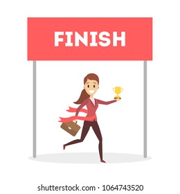 Businesswoman running to finish with red ribbing on white.