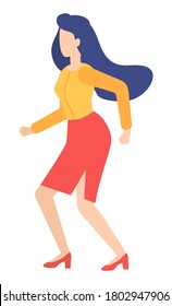 Businesswoman running forward abstract vector illustration character in flat design business woman. Person wearing formaly runs away from someone else, catches up to hold, customer retention concept