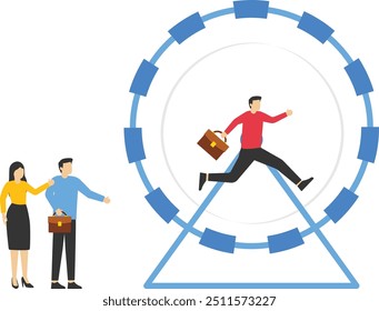 Businesswoman running in a hamster wheel. Flat vector illustration

