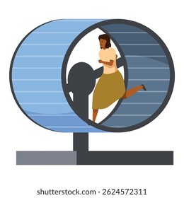 Empresária está correndo em uma roda de hamster, ilustrando o conceito de trabalho de rotina