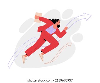 Businesswoman running to her goal.  Business development, career success or growth and opportunity, startup concept banner, landing web page. Creative trendy character. Vector illustration flat style.