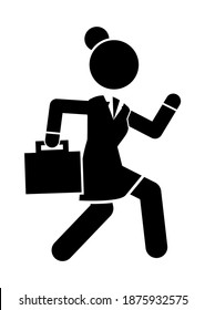 Businesswoman running in a hurry holding briefcase vector illustration, business woman rushing late black silhouette isolated on white, business concept in very busy, deadline or a lot of work to do
