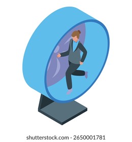 Businesswoman running inside hamster wheel, depicting repetitive and unproductive work, symbolizing corporate rat race and routine