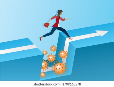 Businesswoman running, jumping over a gap with New Corona virus. Vector illustration.