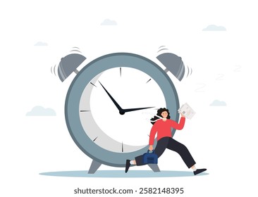 Businesswoman running late for work meeting, a woman races against time, running near a giant alarm clock, time management concept, flat vector illustration