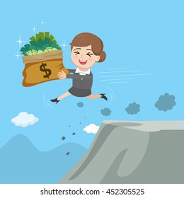 Businesswoman running money trap to the mountain cliff, vector illustration cartoon