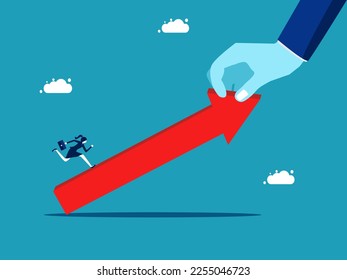 Businesswoman running on arrow with helper support. Consulting is growing rapidly. business concept 