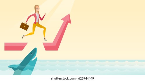 Businesswoman running on ascending graph and jumping over gap. Businessman jumping over ocean with shark. Business growth and business risks concept. Vector flat design illustration. Horizontal layout