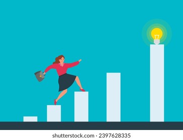 businesswoman running on chart to lightbulb overcoming obstacles business success strategy vector illustration