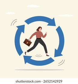 Empresária correndo no diagrama de seta circular hábito. Escravidão corporativa. Hábito de trabalho, ciclo de vida ou comportamento diário de rotina, desenvolvimento ágil, disciplina ou eficiência de trabalho, processo para o sucesso.