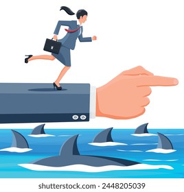 Businesswoman running on hand over shark in water. Business woman in suit. Obstacle on road, financial crisis. Team work, cooperation. Risk management challenge. Flat vector illustration