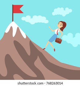 Businesswoman running on mountain. Concept of achieving success. Red flag.