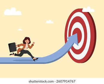 Businesswoman Running on Upward Arrow Toward Bullseye Concept of Determination, Career Growth, and Goal Achievement.