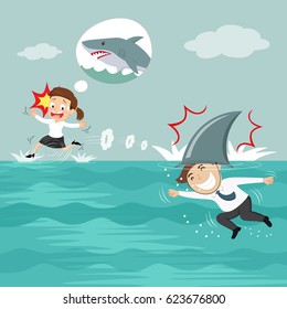 Businesswoman Running On Water Avoiding Which Man Shark Fin Costume Attacks, Vector Illustration Cartoon