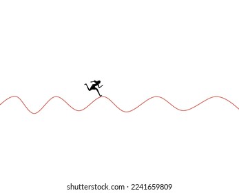 Businesswoman running on a wave that does not stand still. concept of volatility