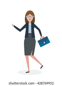Businesswoman running on white background. Isolated cartoon character. Businesswoman with suit case. Successful achievement. Active work. Fast lifestyle.