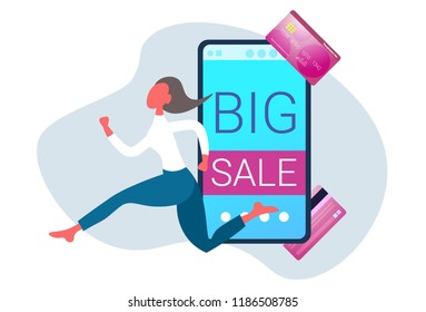 businesswoman running online shopping big sale concept smartphone screen internet mobile shop application business woman customer female cartoon character full length horizontal vector illustration