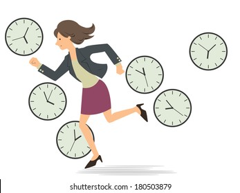 Businesswoman running passing through the clock which telling time every period in a whole day, representing to woman being very busy from the morning  until finish working in the evening.    