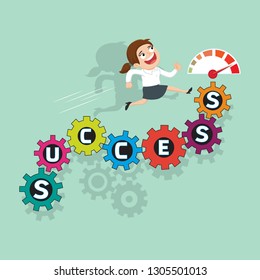 Businesswoman running success gears, illustration vector cartoon