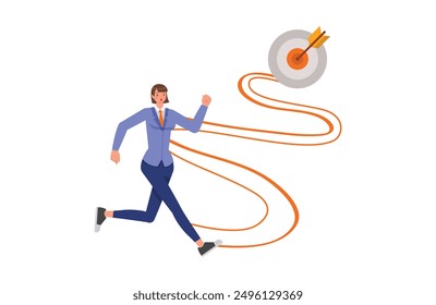 Empresaria corriendo hacia la meta y el éxito. Diseño de Vector de personajes. Estilo de ilustración plana.