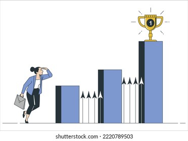 Businesswoman running to the top of the graph. Business concept of goals, success, ambition, achievement and challenge. graph columns with his high ambition. A concept of success, achievement.