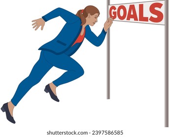 businesswoman running towards finish line of goals isolated on white a background