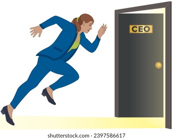 businesswoman running towards open door for CEO position isolated on a white background