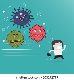 Businesswoman runs away from germs - Vector