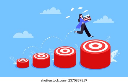 Businesswoman runs and jumps from small target goal to reach bigger target goal achievement flat style design vector illustration. Career growth and ladder of success path objective business concept.