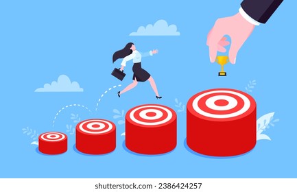 Businesswoman runs and jumps from small target goal to reach bigger target goal achievement flat style design vector illustration. Career growth and ladder of success path objective business concept.