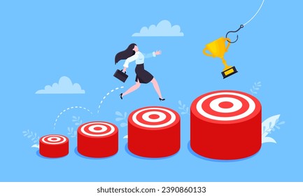 Businesswoman runs and jumps from small target goal to reach bigger target goal achievement flat style design vector illustration. Career growth and ladder of success path objective business concept.