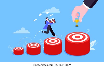 Businesswoman runs and jumps from small target goal to reach bigger target goal achievement flat style design vector illustration. Career growth and ladder of success path objective business concept.