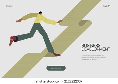 A businesswoman runs up steps made of paper  on the way to her goal. Business development, career success or growth and opportunities, startup concept banner, landing web page. 