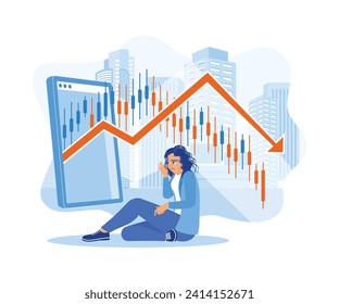 A businesswoman with a sad face is sitting on the floor against the background of candlestick charts and office buildings. Analyze a declining stock market. Stock Trading concept. 