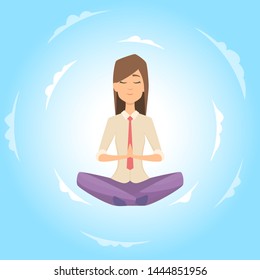 Businesswoman safe the balance with meditation. Relaxing vector concept. Illustration of business character pose, meditate and mindfulness