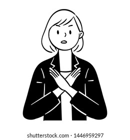 a businesswoman said no, a young woman said no with two hands crossed in front of the body, the concept of body gesture to reject, black and white character vector illustration