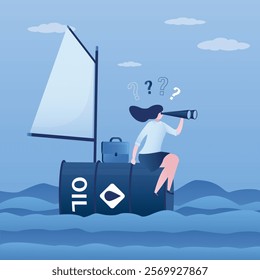 Businesswoman sailing on oil barrel in ocean of uncertainty. Investor searching of opportunities on commodity market. Crisis in oil industry and market. Global vision, creativity. vector illustration