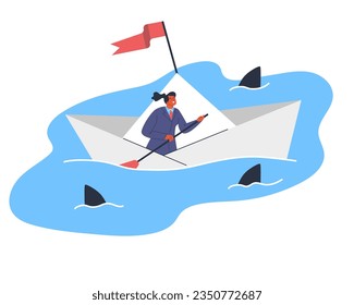 Businesswoman sailing on origame ship, dangerous sharks swimming around. Success business target and strategy concept design. Vector flat illustration isolated on white background