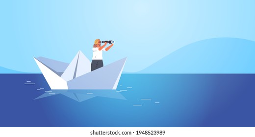 businesswoman sailing on paper boat in sea woman looking in binocular future opportunity leadership concept